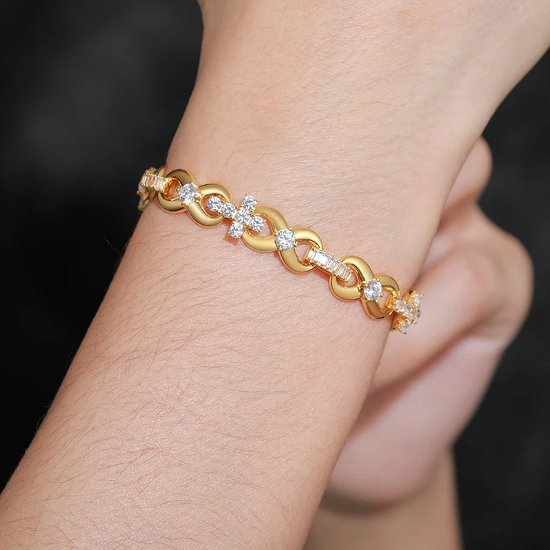 S925 New Iced Out Cross Infinity Bracelet With Baguette Link Moissanite