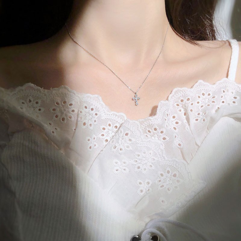 925 Sterling Silver Crystal Cross Pendant Necklace For Women