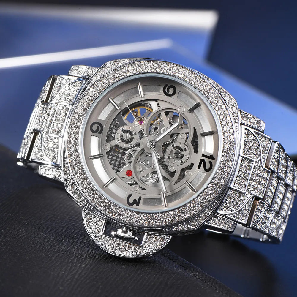 New Hollow Luxury Mechanical Diamond Silver Automatic Watches