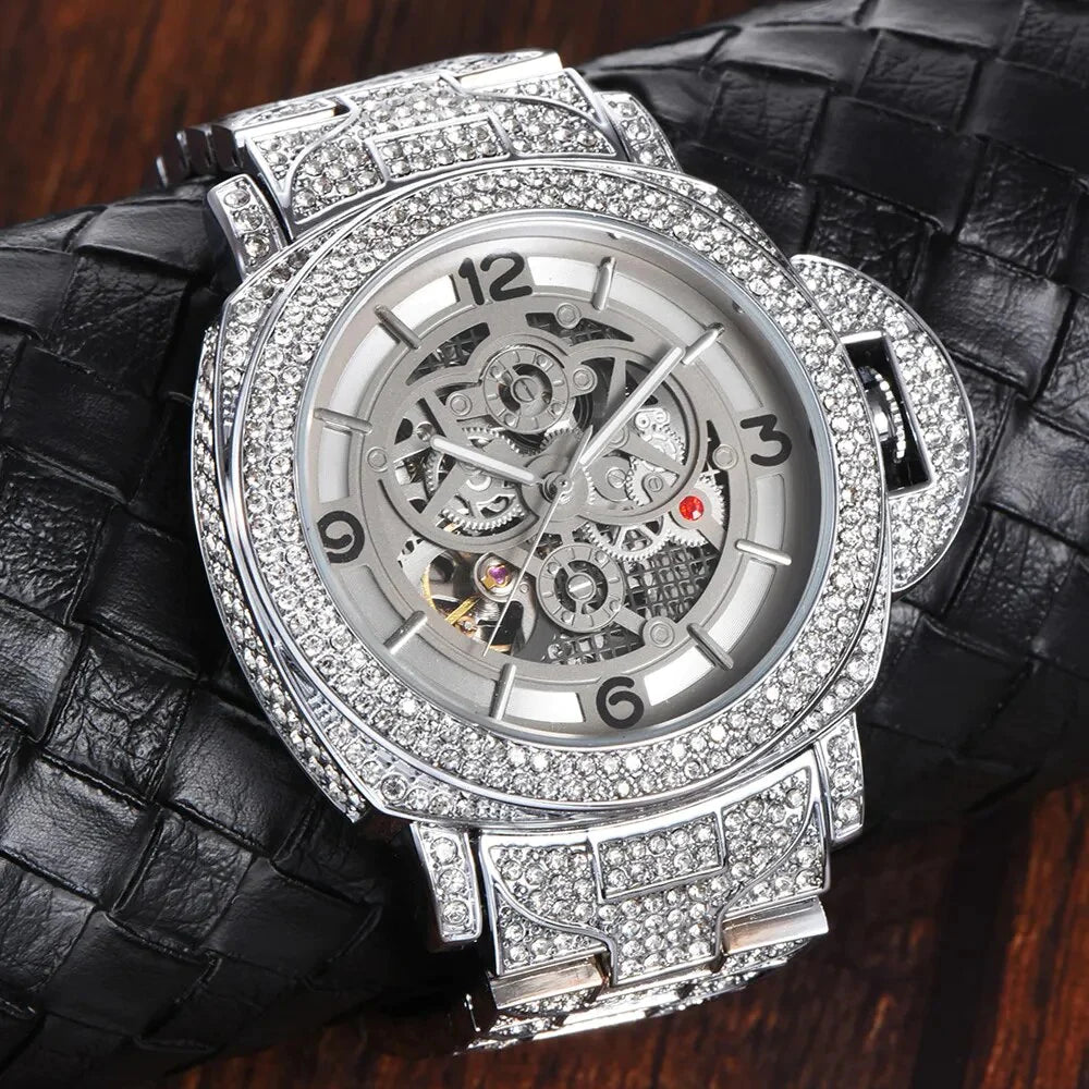 New Hollow Luxury Mechanical Diamond Silver Automatic Watches