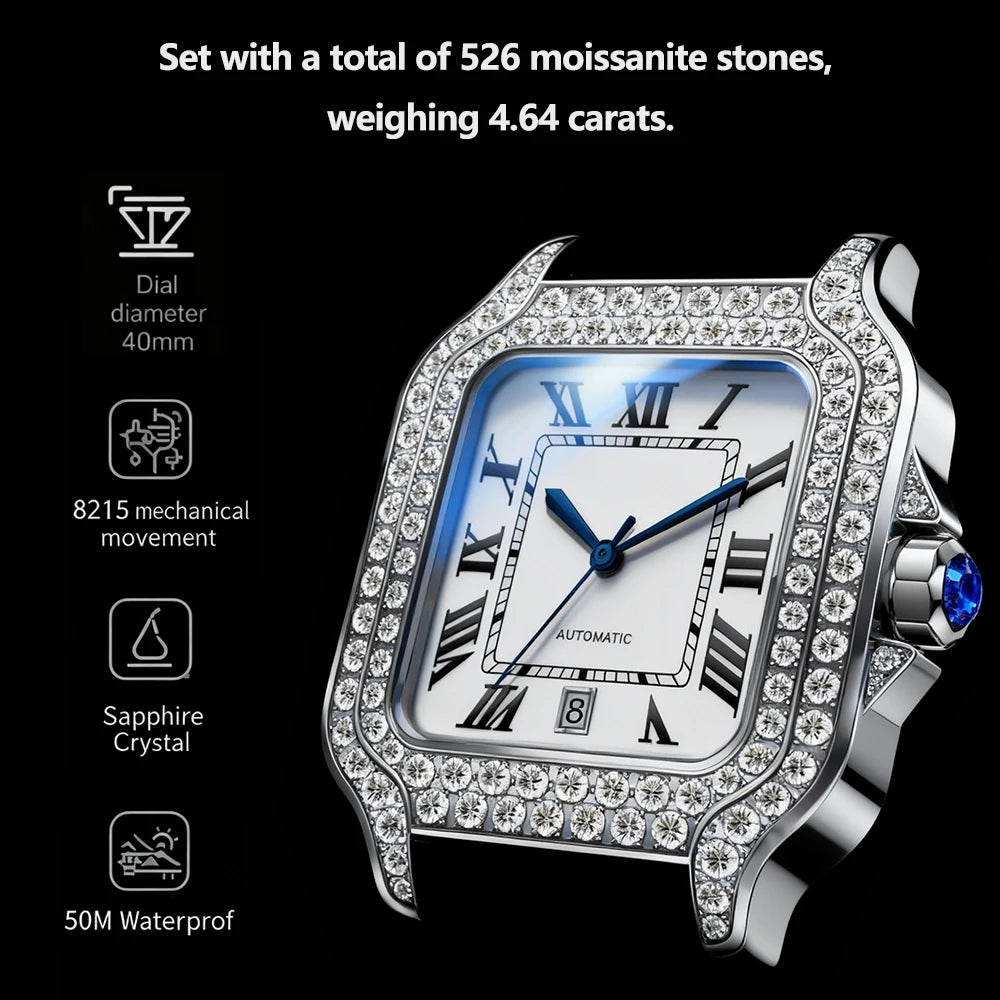 Iced Out Moissanite Watch Square Half Skeleton Diamond