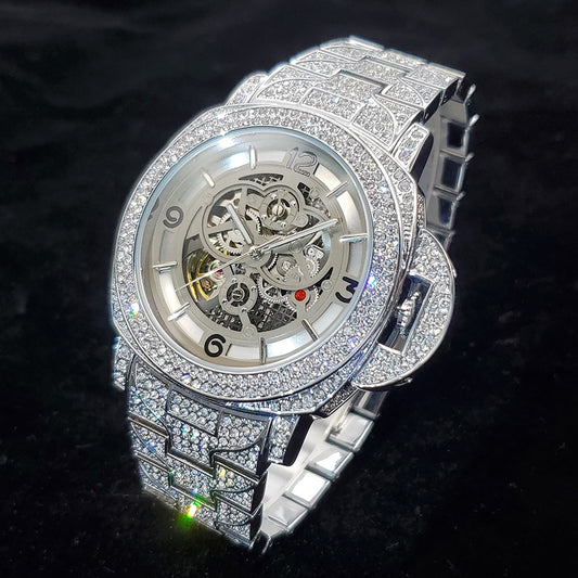 New Hollow Luxury Mechanical Diamond Silver Automatic Watches