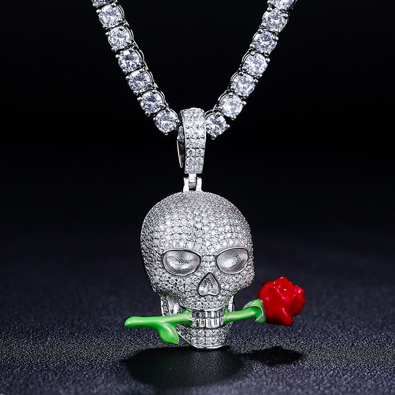 New Glowing Moissanite Skull Rose Pendant