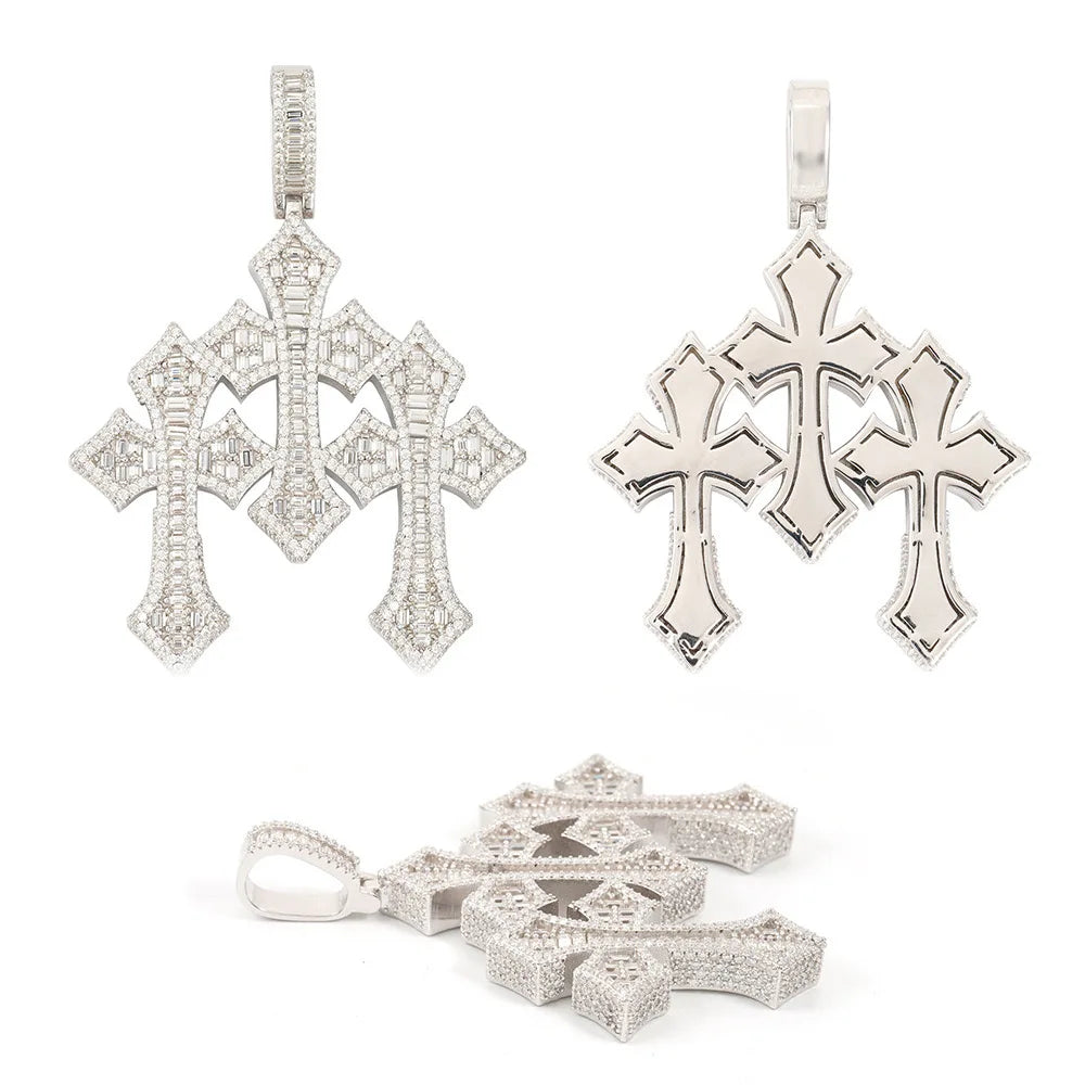 Iced Out D Color Moissanite Baguette Cross Pendant