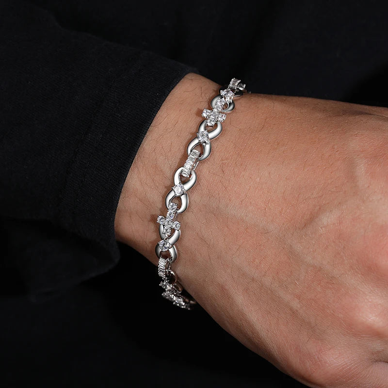 S925 New Iced Out Cross Infinity Bracelet With Baguette Link Moissanite