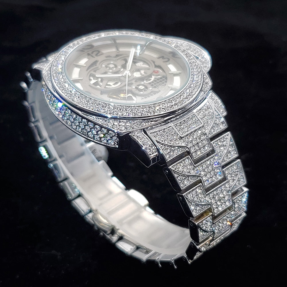 New Hollow Luxury Mechanical Diamond Silver Automatic Watches