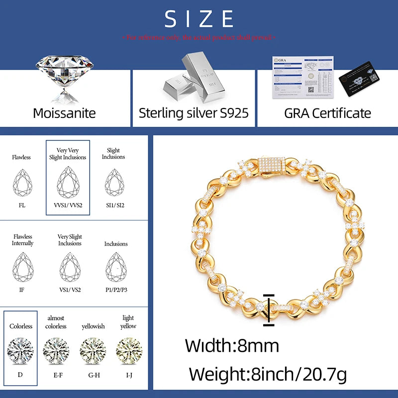 S925 New Iced Out Cross Infinity Bracelet With Baguette Link Moissanite